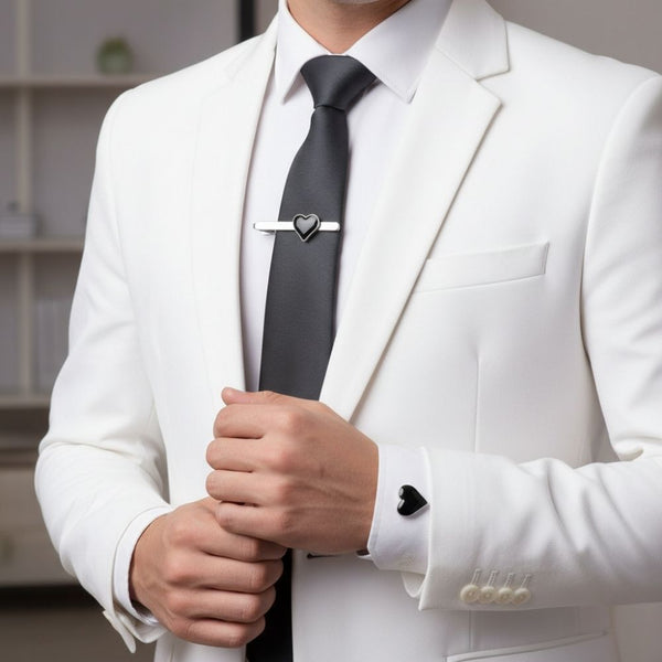 heart cufflinks and tie clip combo red black