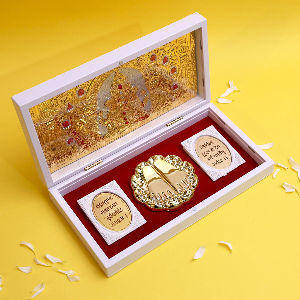 Moskai Ganesha Charan Paduka Box with Golden Artwork and Sacred Shloka