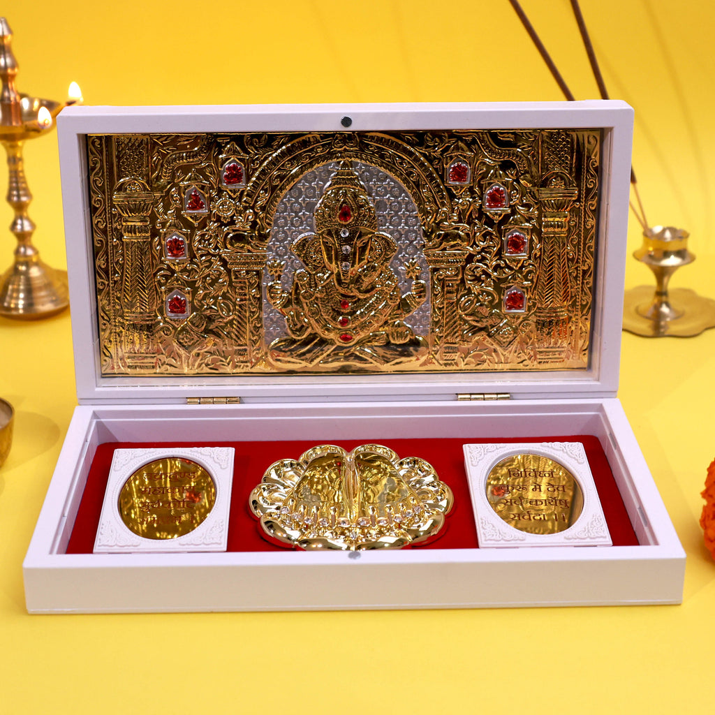 Moskai Ganesha Charan Paduka Box with Golden Artwork and Sacred Shloka