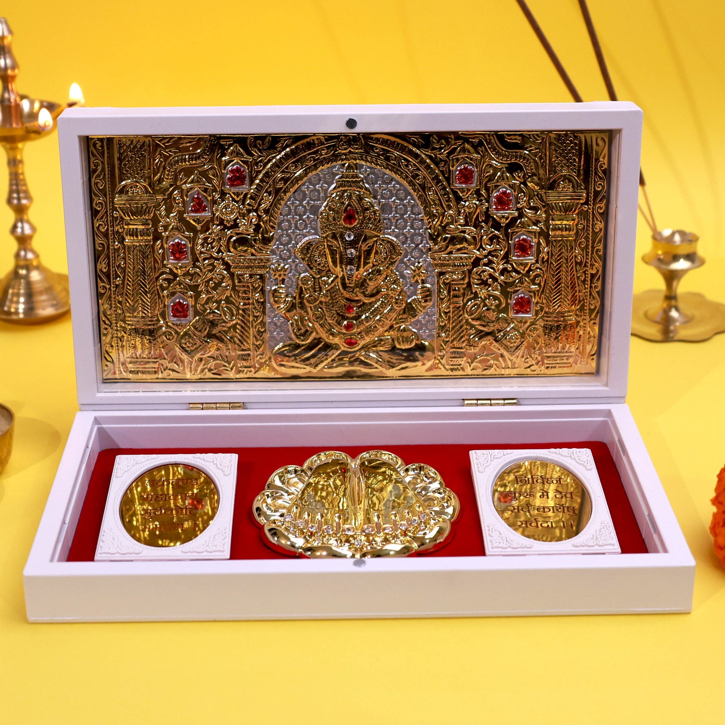 Moskai Ganesha Charan Paduka Box with Golden Artwork and Sacred Shloka