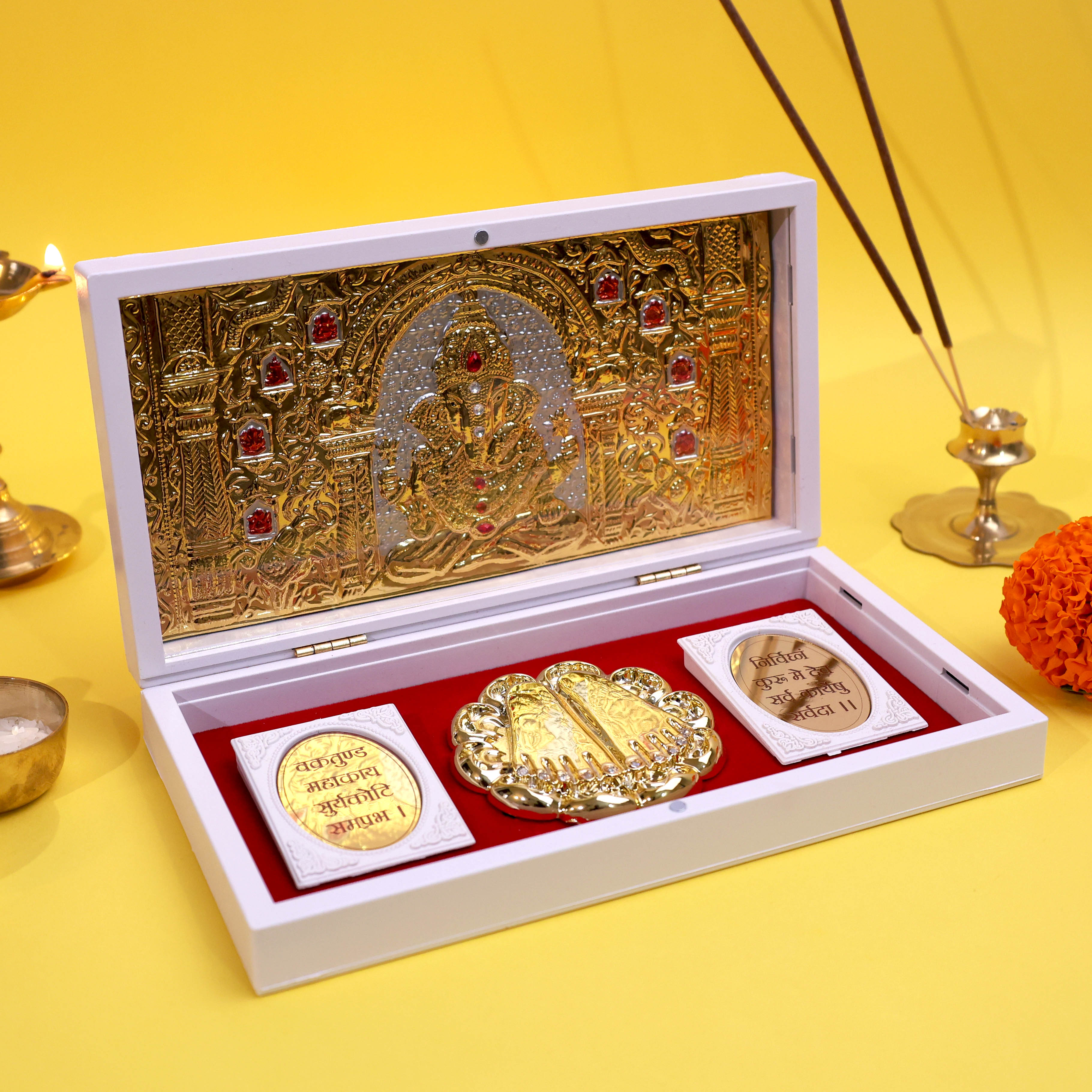 Moskai Ganesha Charan Paduka Box with Golden Artwork and Sacred Shloka