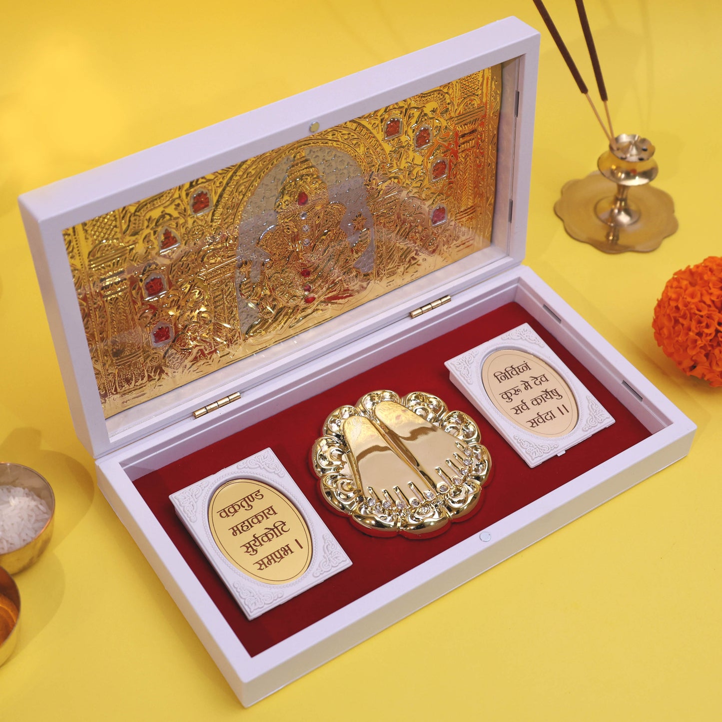 Moskai Ganesha Charan Paduka Box with Golden Artwork and Sacred Shloka