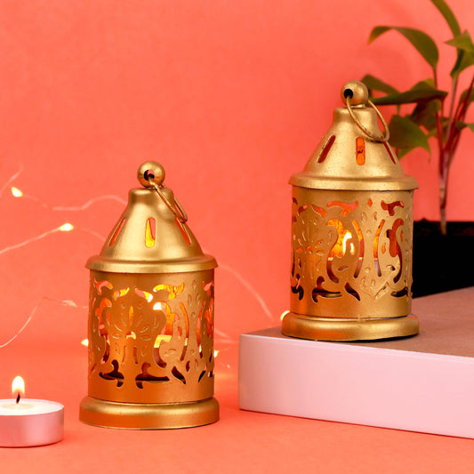 Moskai Metal Lantern with Tealight Candles | Decorative Hanging Candle Holder Set of 2