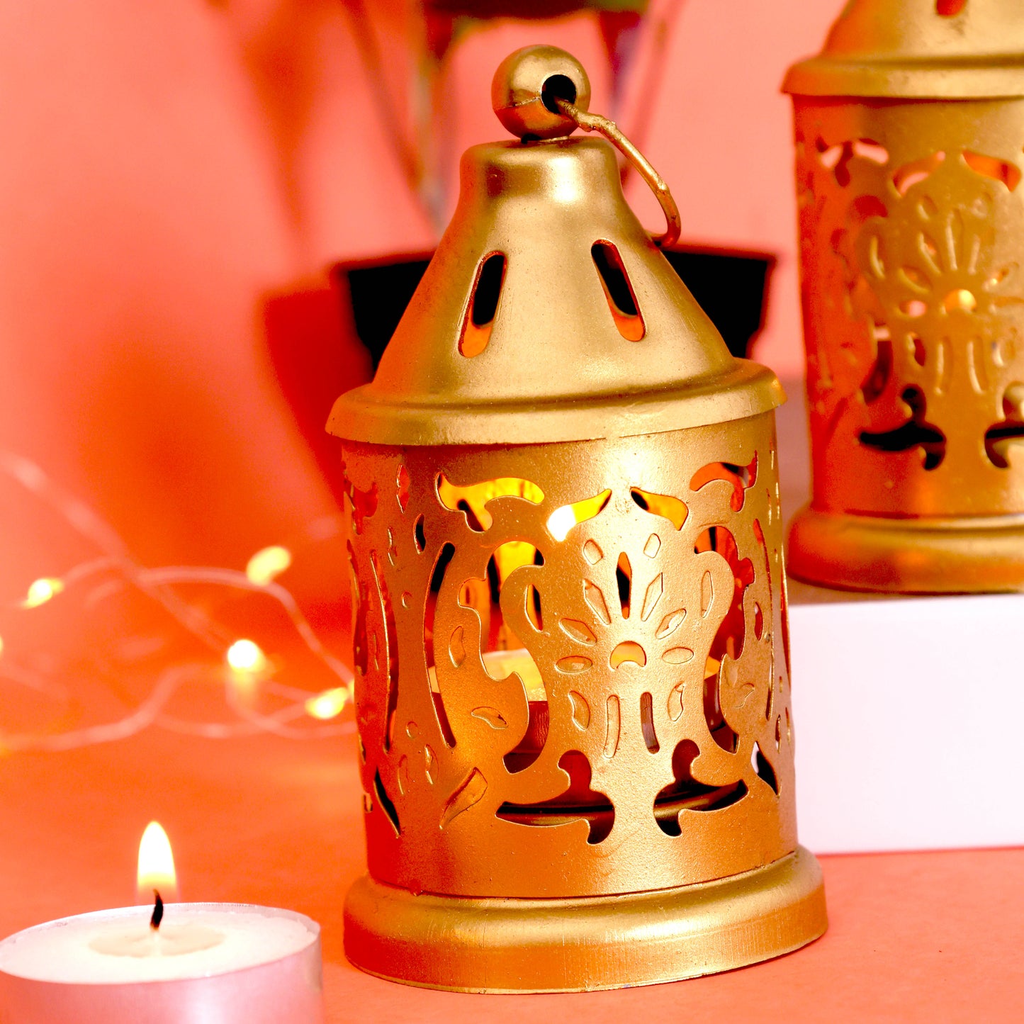 Moskai Metal Lantern with Tealight Candles | Decorative Hanging Candle Holder Set of 2