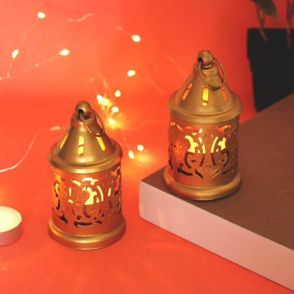 Moskai Metal Lantern with Tealight Candles | Decorative Hanging Candle Holder Set of 2