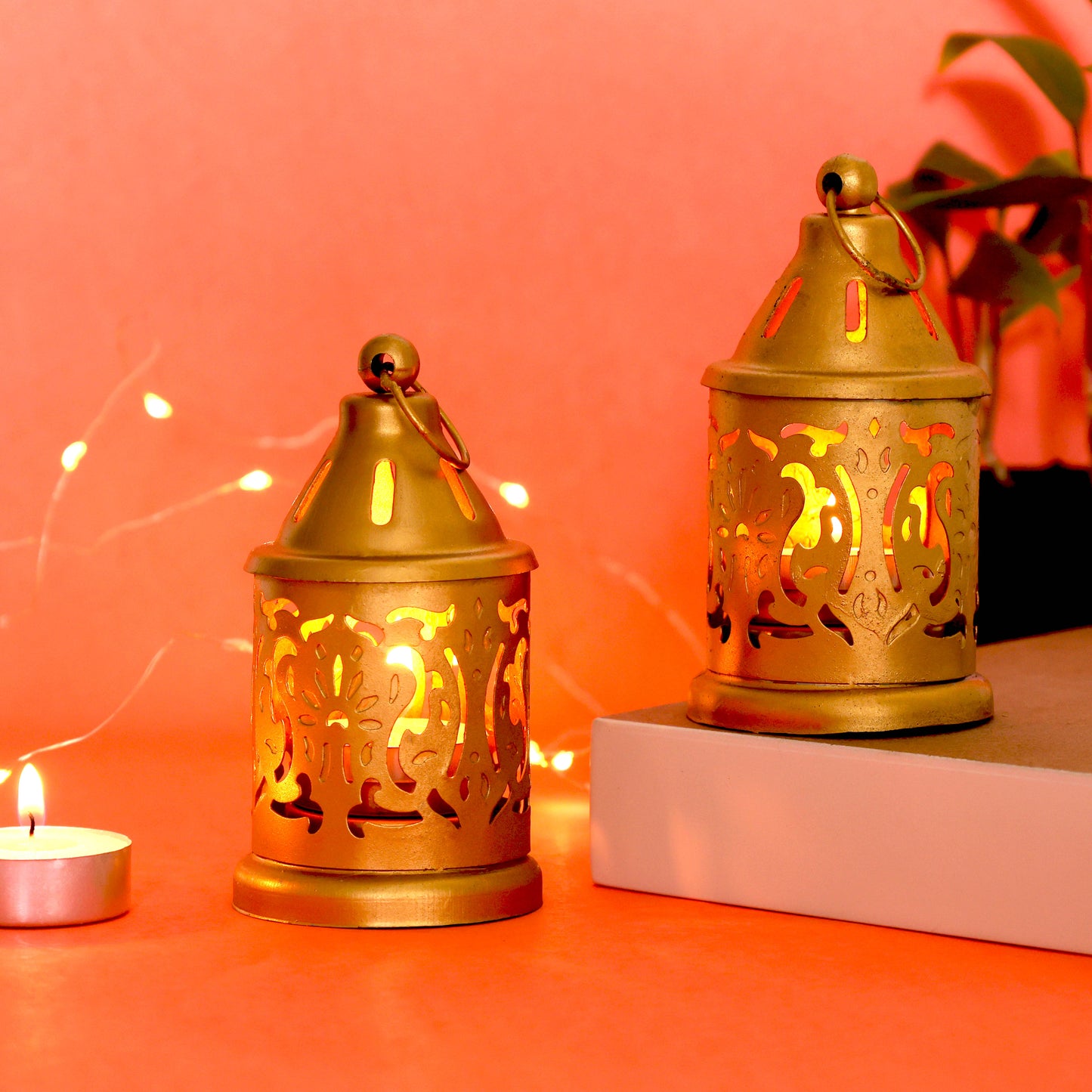 Moskai Metal Lantern with Tealight Candles | Decorative Hanging Candle Holder Set of 2