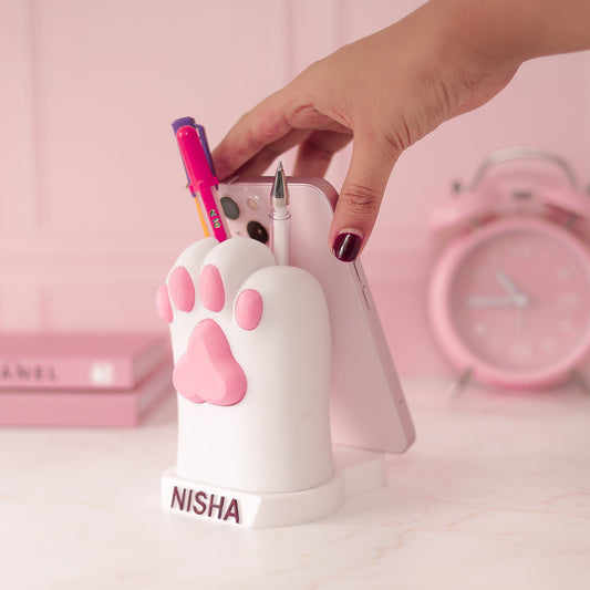 Moskai 3D Cat Paw Name Pen and Mobile Stand | Cute Desk Organizer