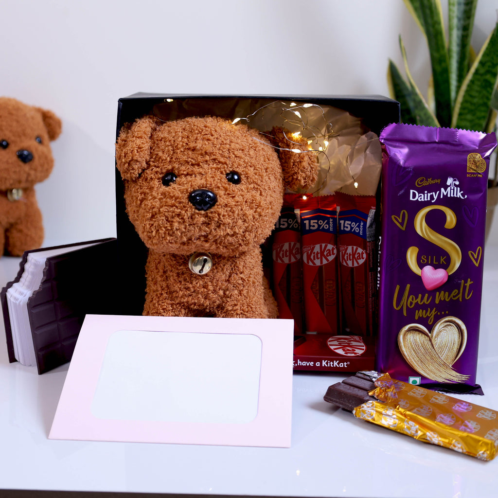 Cuddles & Chocolate Bliss Gift Box – Teddy, Silk & KitKat Chocolates with Personal Touch