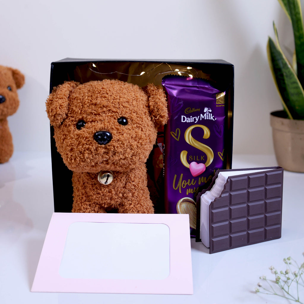 Plush Teddy & Chocolate Valentine Gift Hamper – Cadbury Silk with Personalized Photo Frame