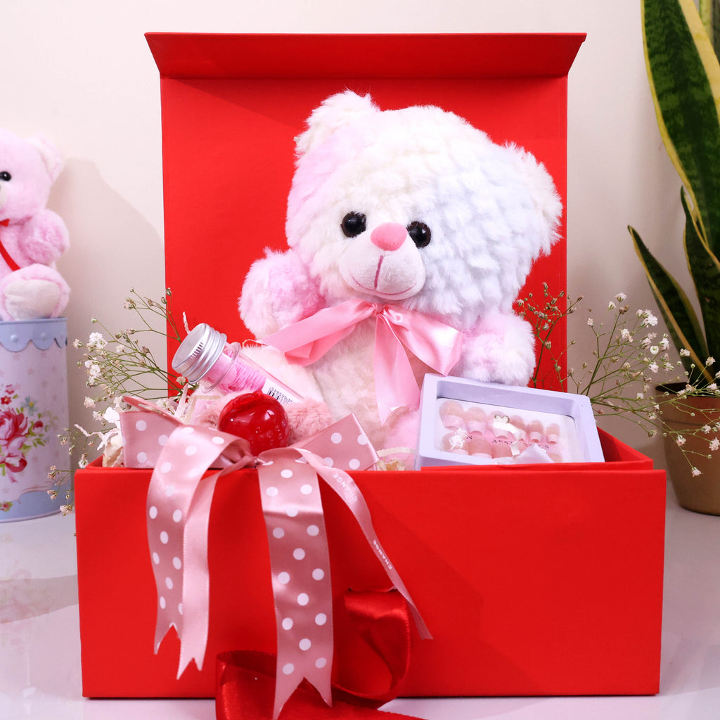 Romantic Pink Teddy & Self-Care Gift Hamper – Plush Teddy, Beauty Essentials & Valentine Gift Box
