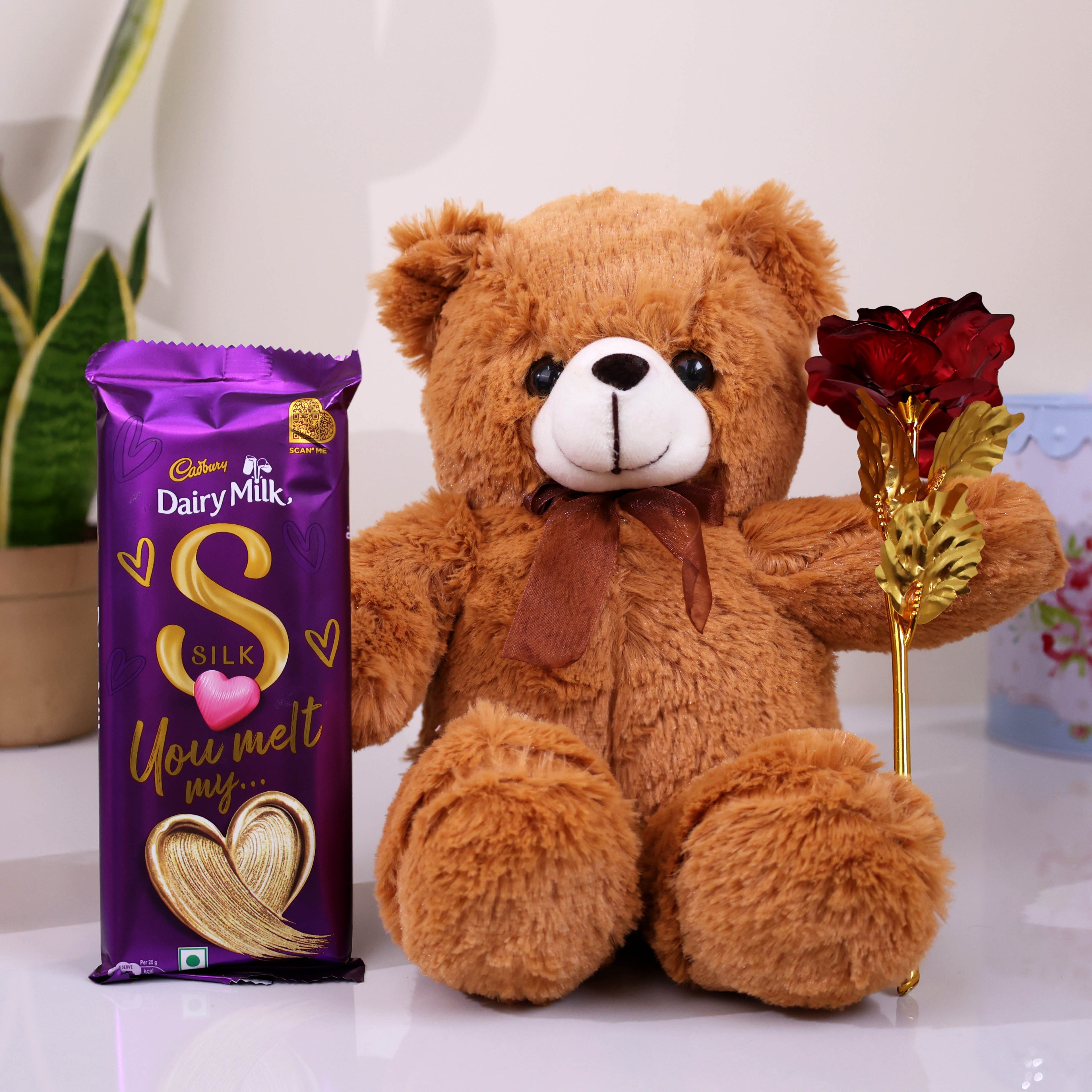 Love Teddy & Chocolate Gift Box with Silk Chocolate and Decorative Rose