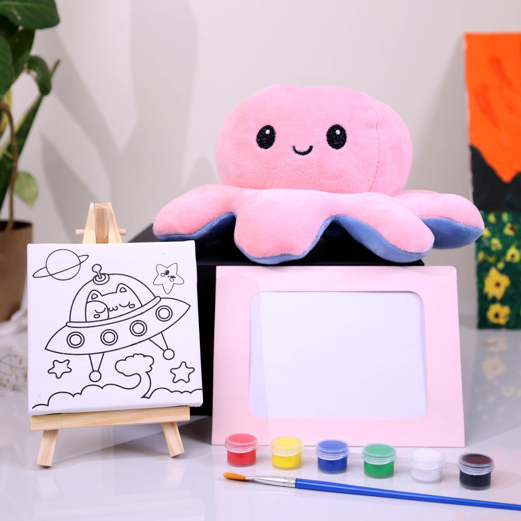 Mood-Boosting Art & Plush Gift Hamper | Reversible Octopus Toy with DIY Canvas Painting Kit