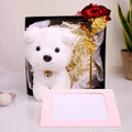 Elegant Keepsake Gift Hamper with White Puppy Plush, Golden Rose & Photo Frame