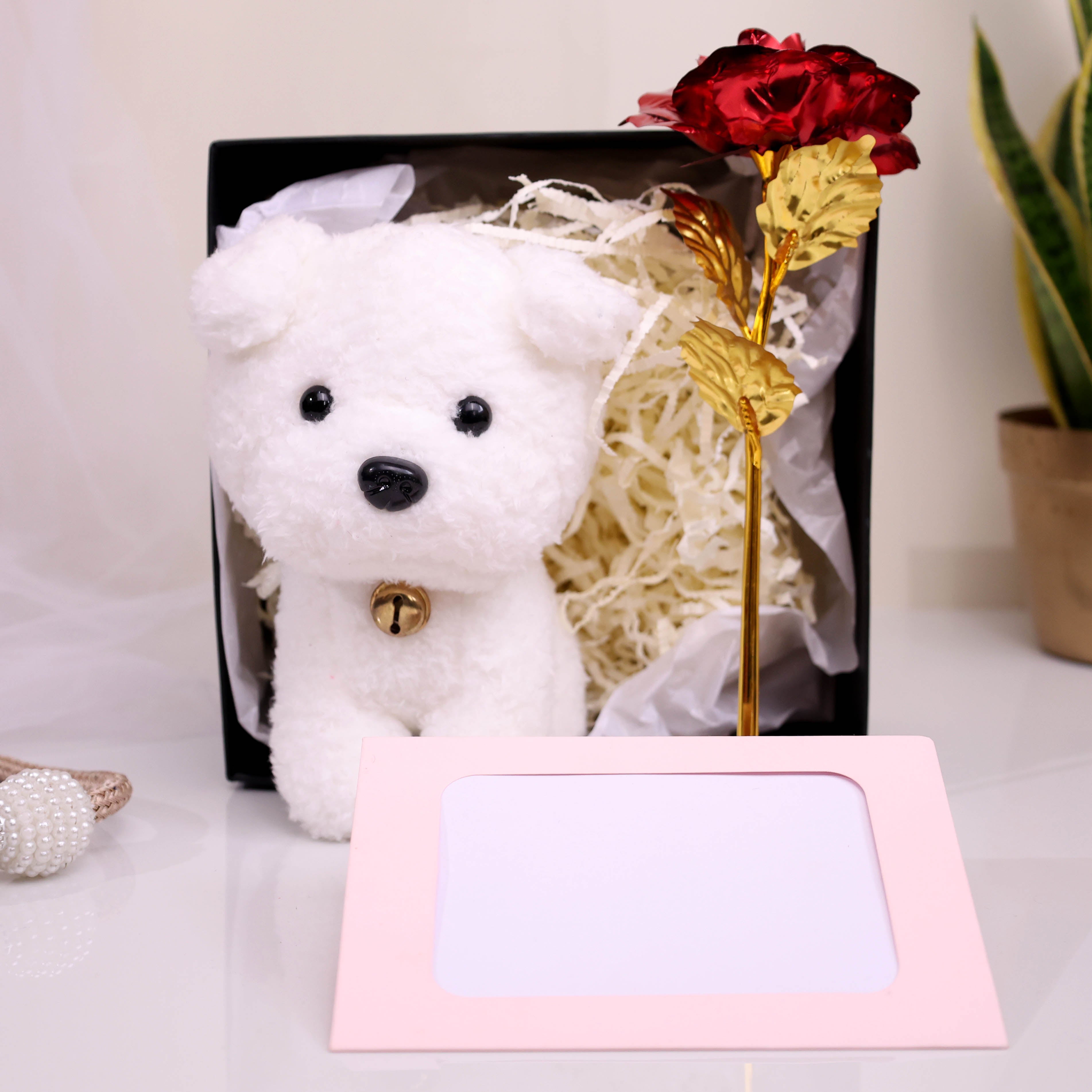 Elegant Keepsake Gift Hamper with White Puppy Plush, Golden Rose & Photo Frame
