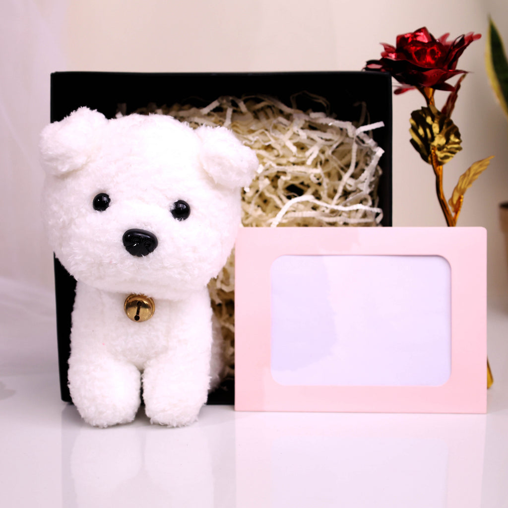 Elegant Keepsake Gift Hamper with White Puppy Plush, Golden Rose & Photo Frame