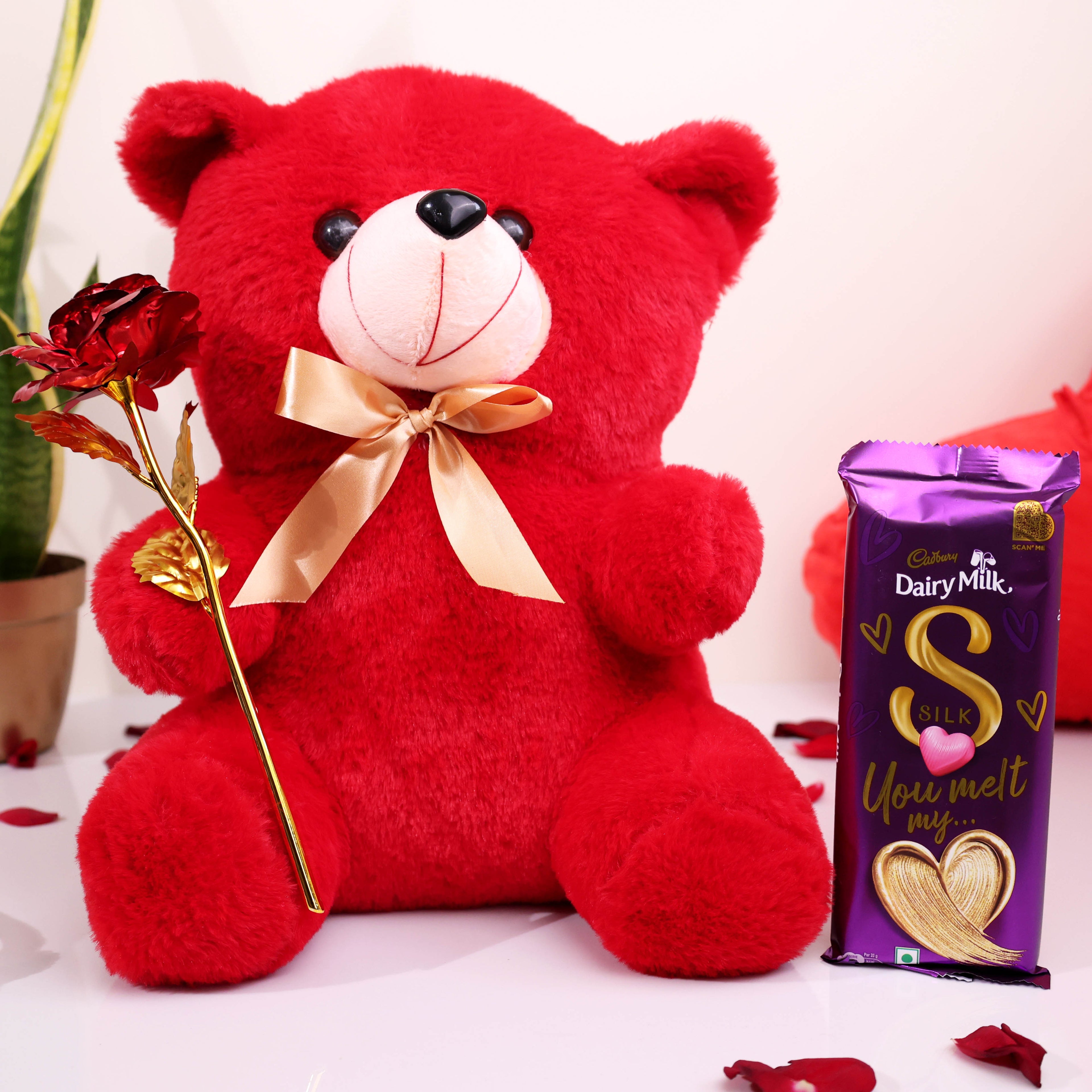 Romantic Red Teddy & Chocolate Gift Hamper with Golden Rose – Love Surprise Box