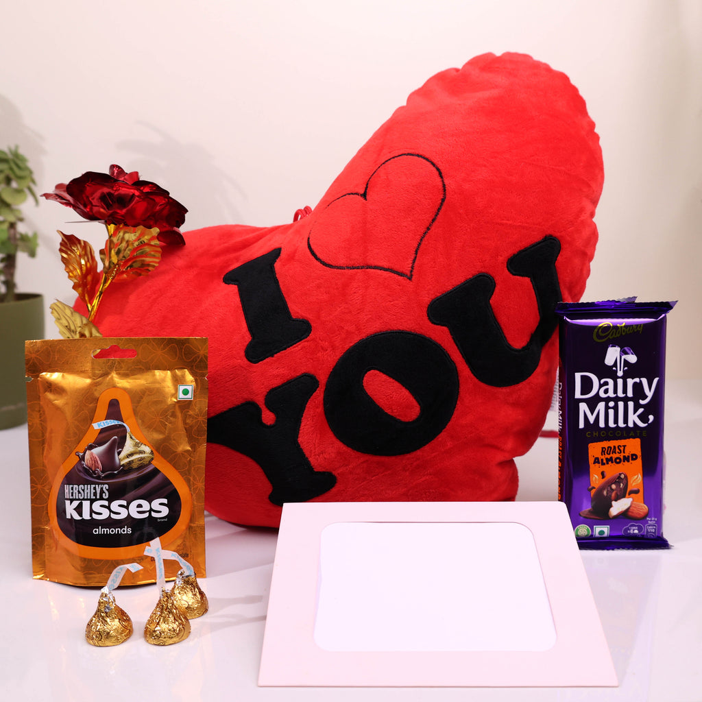 Grand Love Expression Gift Hamper – I Love You Heart Cushion with Chocolates, Golden Rose & Photo Frame