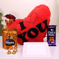 Grand Love Expression Gift Hamper – I Love You Heart Cushion with Chocolates, Golden Rose & Photo Frame
