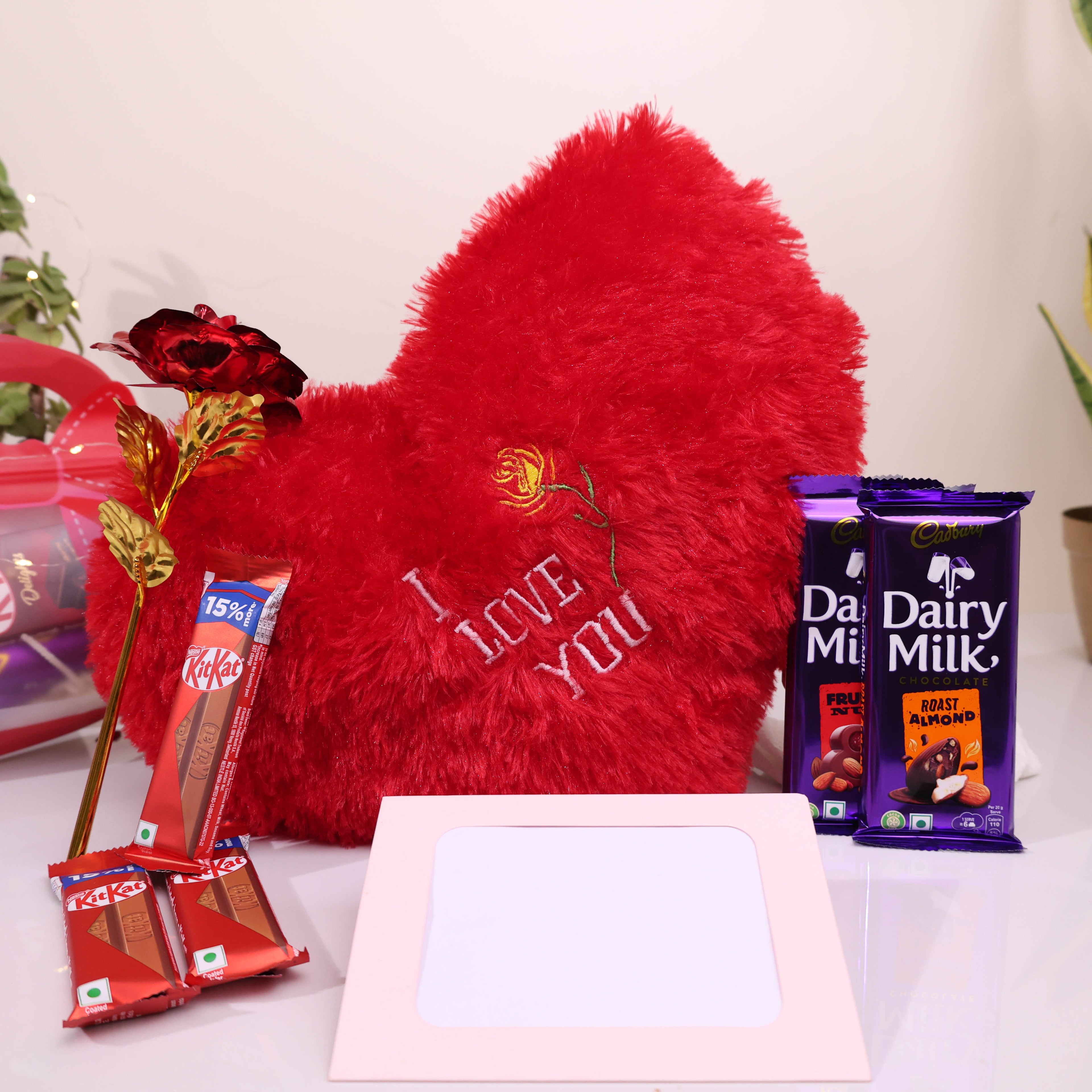Ultimate Romantic Surprise Gift Hamper – I Love You Heart Pillow with Chocolates, Golden Rose & Photo Frame
