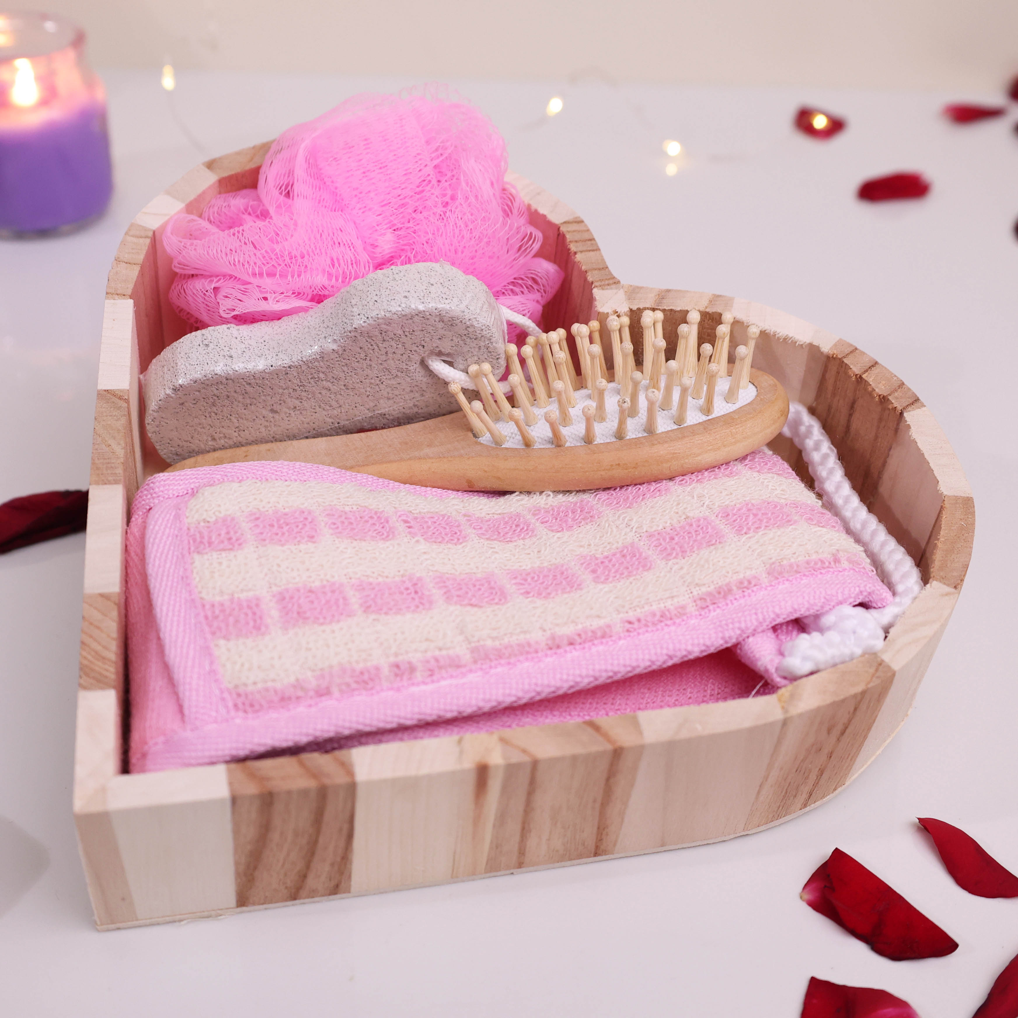 Heart-Shaped Wooden Home Spa & Bath Body Care Gift Hamper | 5-Piece Romantic Self-Care Set