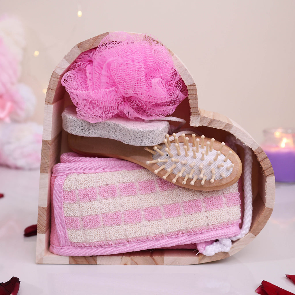 Heart-Shaped Wooden Home Spa & Bath Body Care Gift Hamper | 5-Piece Romantic Self-Care Set