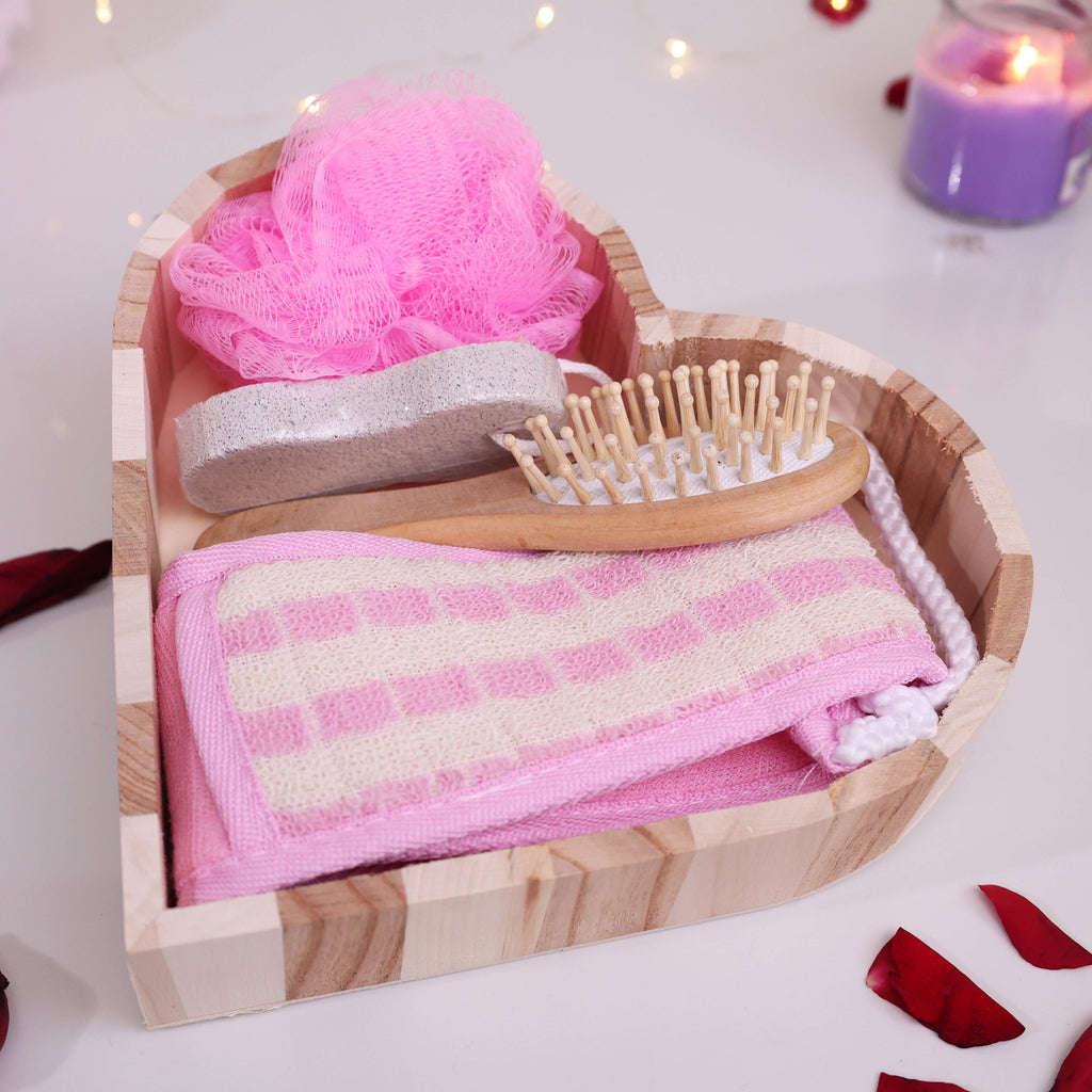Heart-Shaped Wooden Home Spa & Bath Body Care Gift Hamper | 5-Piece Romantic Self-Care Set
