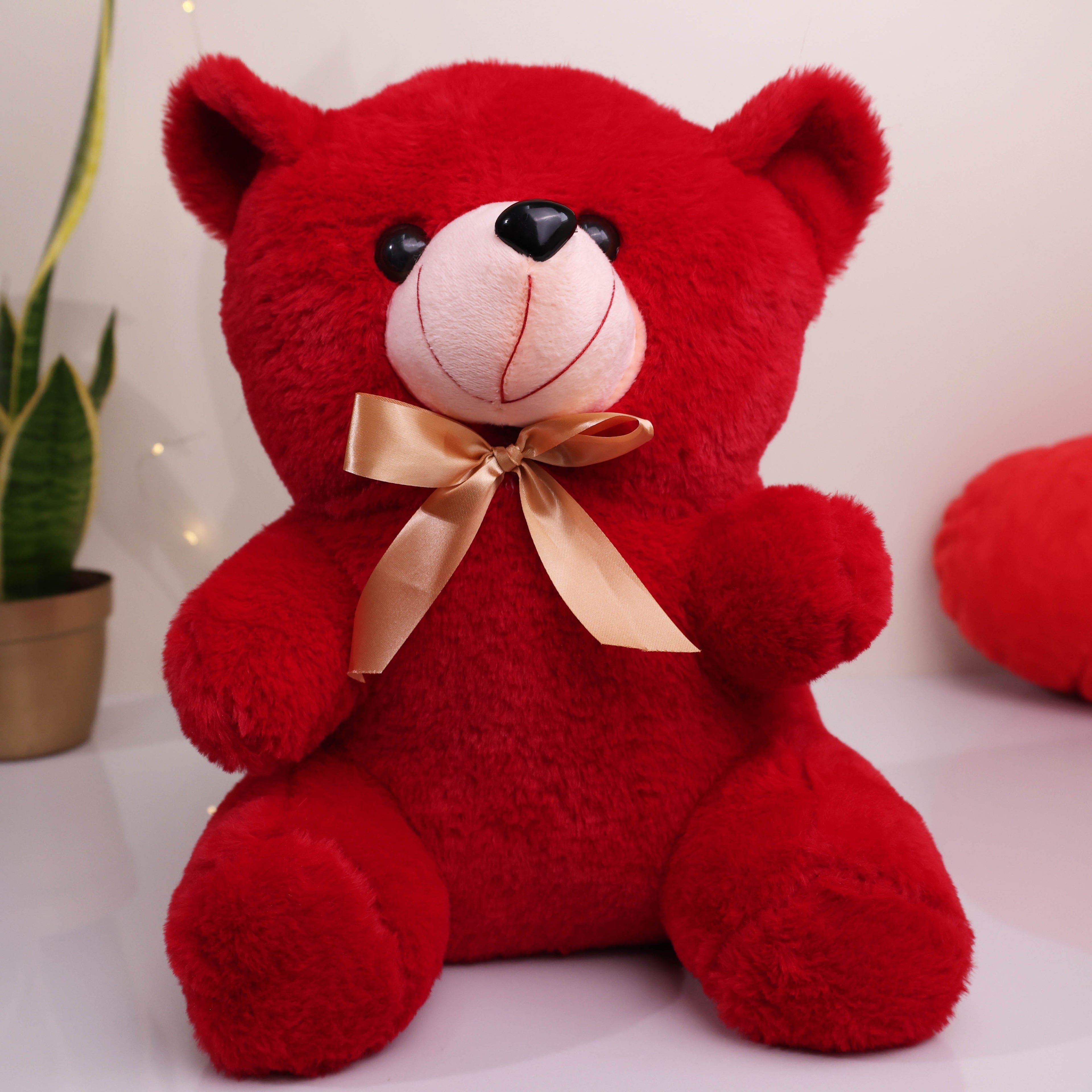 Classic Crimson Plush Teddy Bear with Gold Satin Bow – Luxury Red Soft Toy (12 Inch)