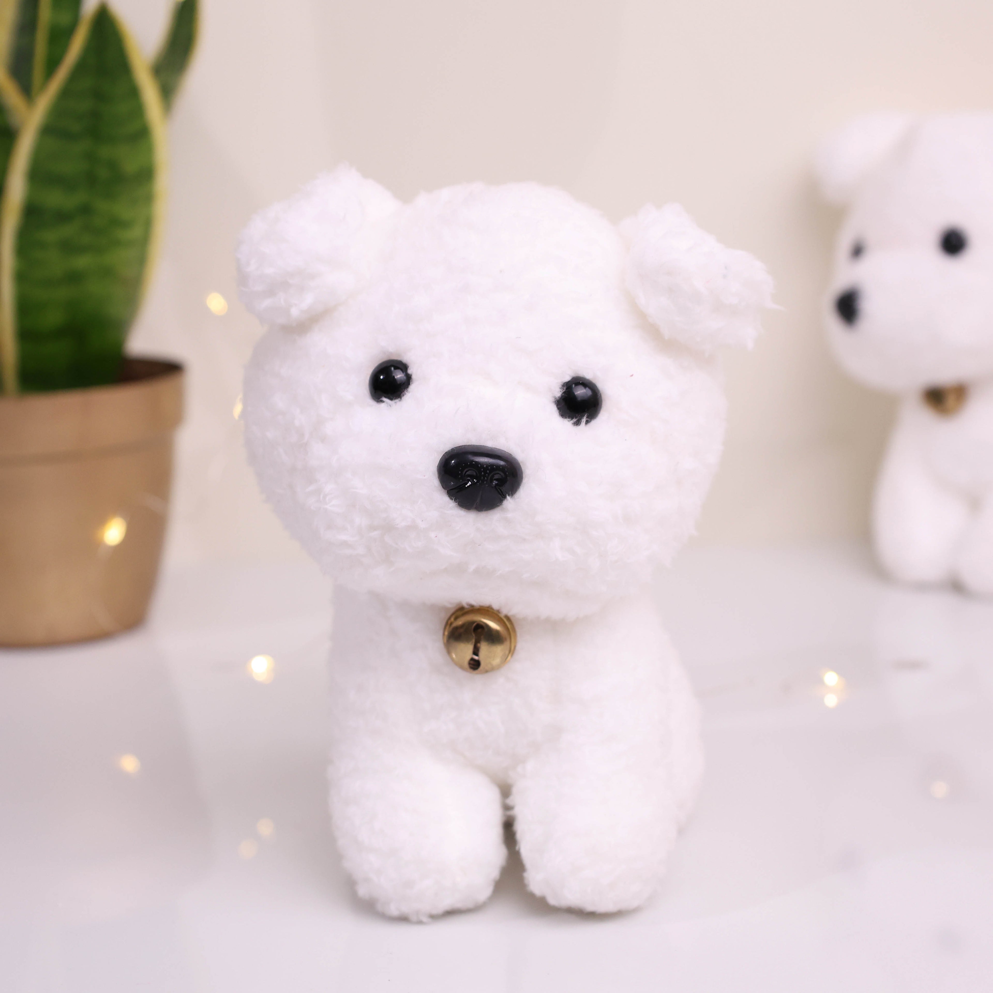 Snowy White Curly-Fur Puppy Plush Toy with Golden Bell | Soft Sherpa Dog Teddy for Gifting & Decor