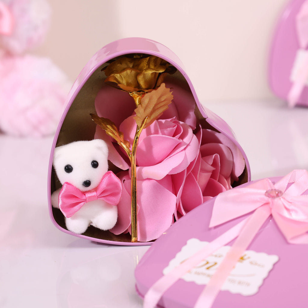Pink Enchanted Heart Gift Box with Gold Rose & Teddy | Valentine & Anniversary Gift