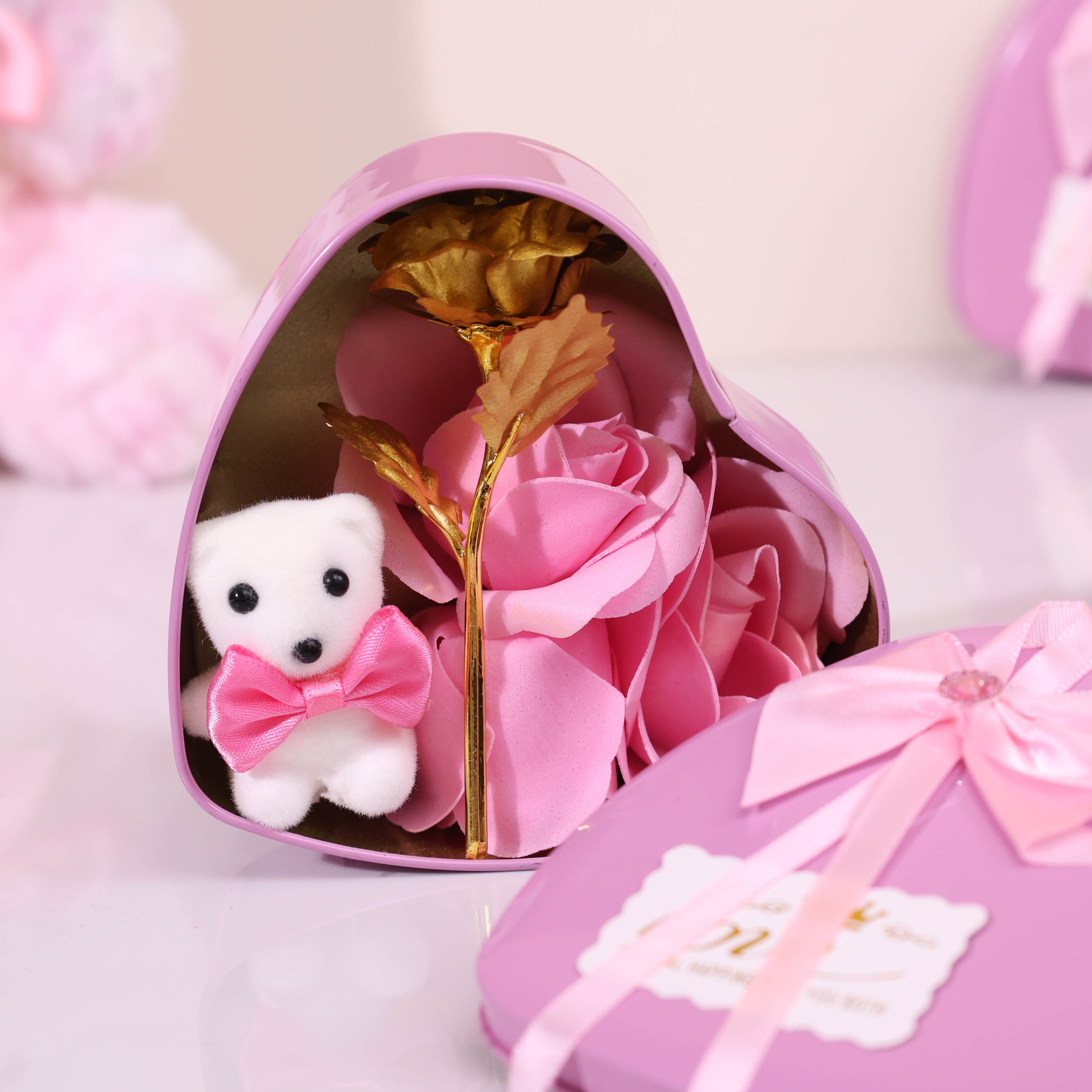 Pink Enchanted Heart Gift Box with Gold Rose & Teddy | Valentine & Anniversary Gift