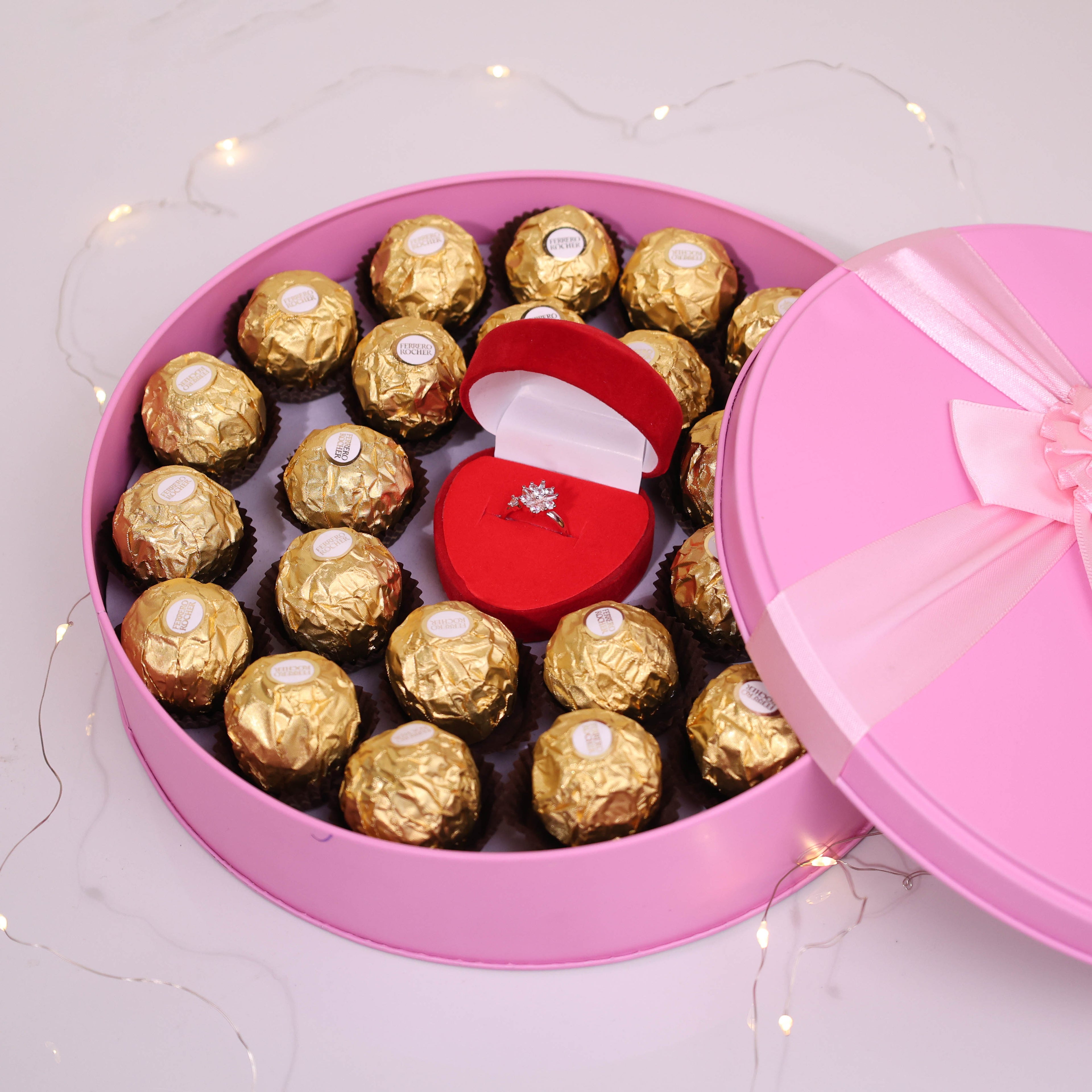 Luxury Ferrero Rocher & Sparkling Proposal Ring Pink Gift Tin | Romantic Gift by Moskai