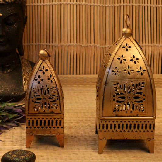 Mosaki Iron Painted Minnar Lantern Tealight Holder Set of 2