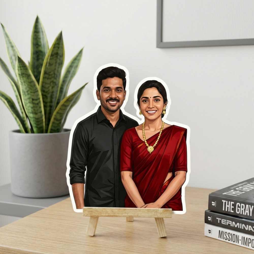 Moskai Indian Couple Theme Personalised Caricature on Easel Stand – Custom Photo Portrait Gift