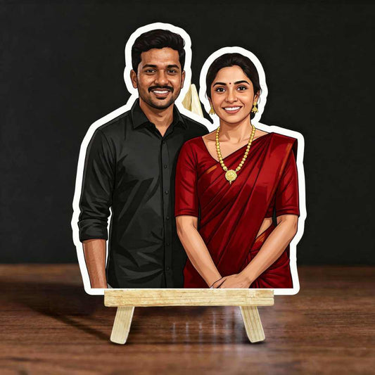 Moskai Indian Couple Theme Personalised Caricature on Easel Stand – Custom Photo Portrait Gift
