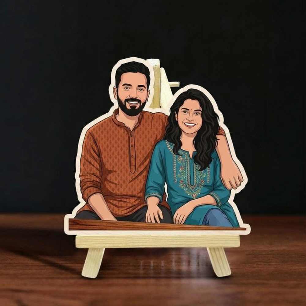 Moskai Indian Couple Theme Personalised Caricature on Easel Stand – Custom Couple Portrait Gift