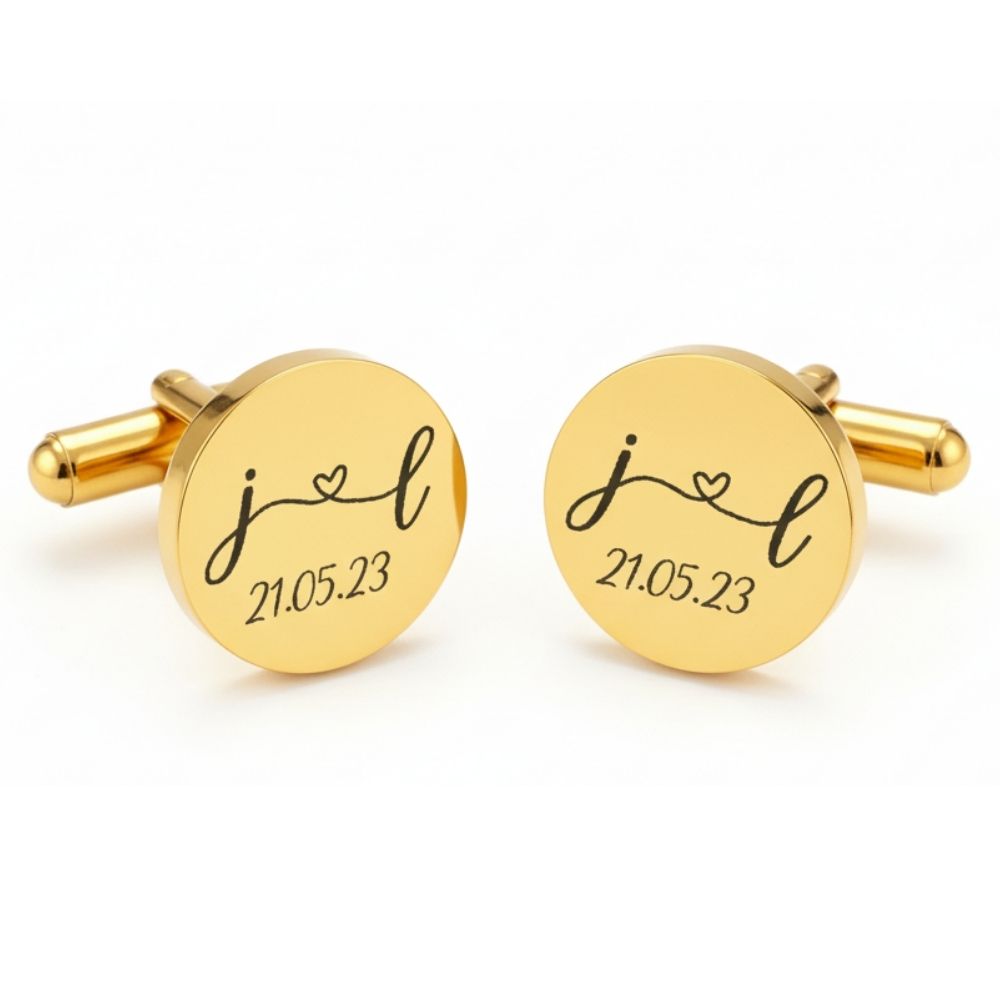 Moskai Heart with Initials Personalized Cufflinks with Date | Custom Engraved Gift for Him |