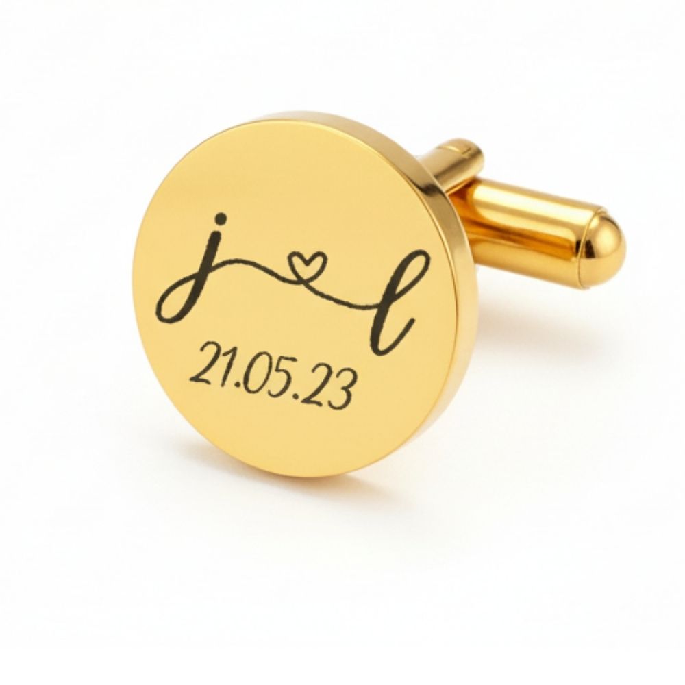 Moskai Heart with Initials Personalized Cufflinks with Date | Custom Engraved Gift for Him |