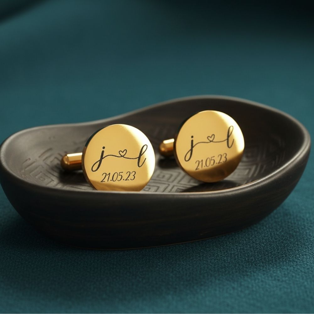 Moskai Heart with Initials Personalized Cufflinks with Date | Custom Engraved Gift for Him |