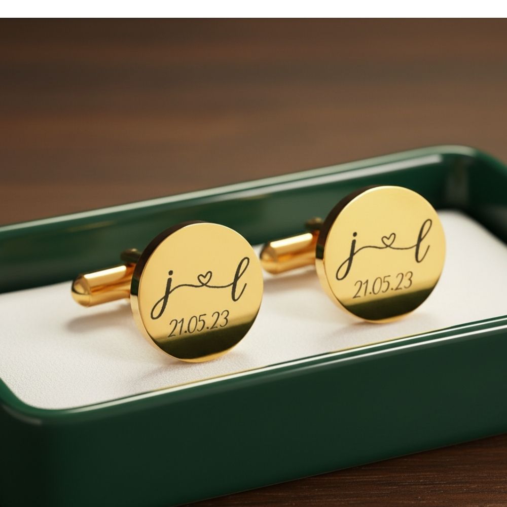Moskai Heart with Initials Personalized Cufflinks with Date | Custom Engraved Gift for Him |