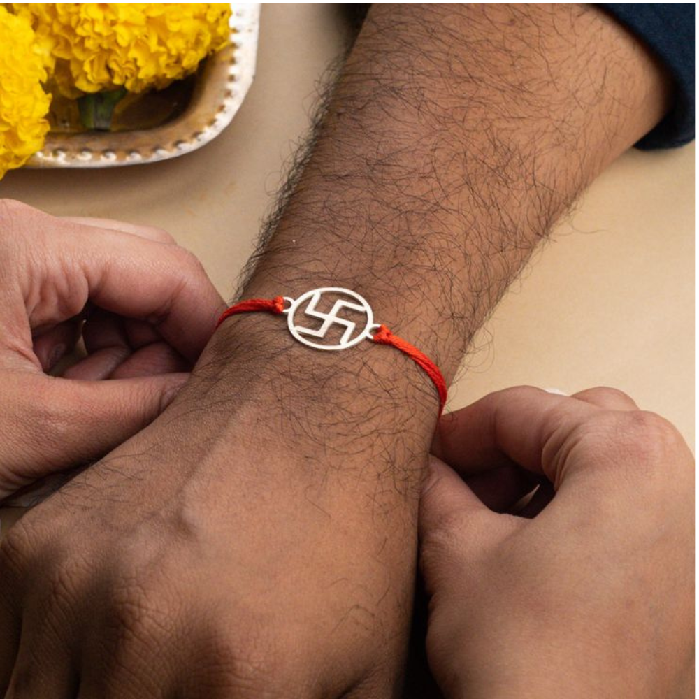 Moskai Swastik Rakhi with Red Thread for Raksha Bandhan | Traditional Silver Plated Rakhi for Brother