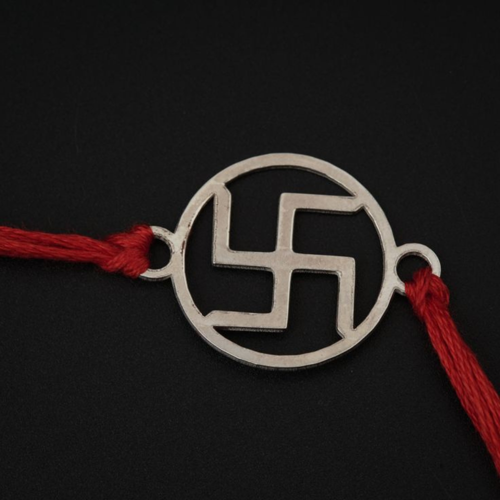 Moskai Swastik Rakhi with Red Thread for Raksha Bandhan | Traditional Silver Plated Rakhi for Brother