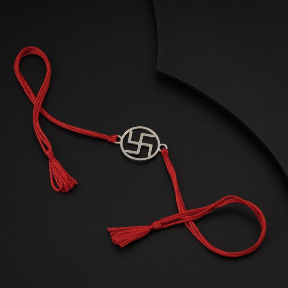 Moskai Swastik Rakhi with Red Thread for Raksha Bandhan | Traditional Silver Plated Rakhi for Brother