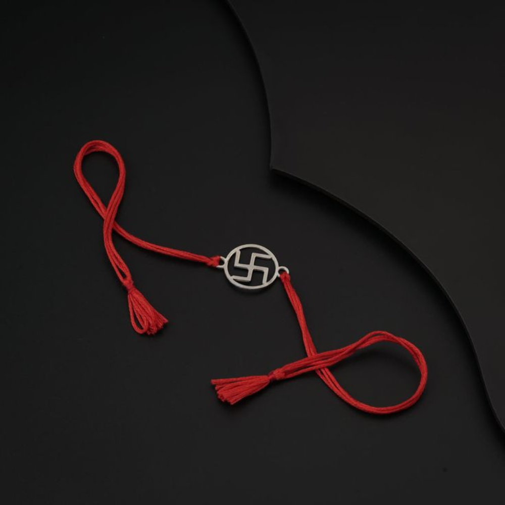 Moskai Swastik Rakhi with Red Thread for Raksha Bandhan | Traditional Silver Plated Rakhi for Brother