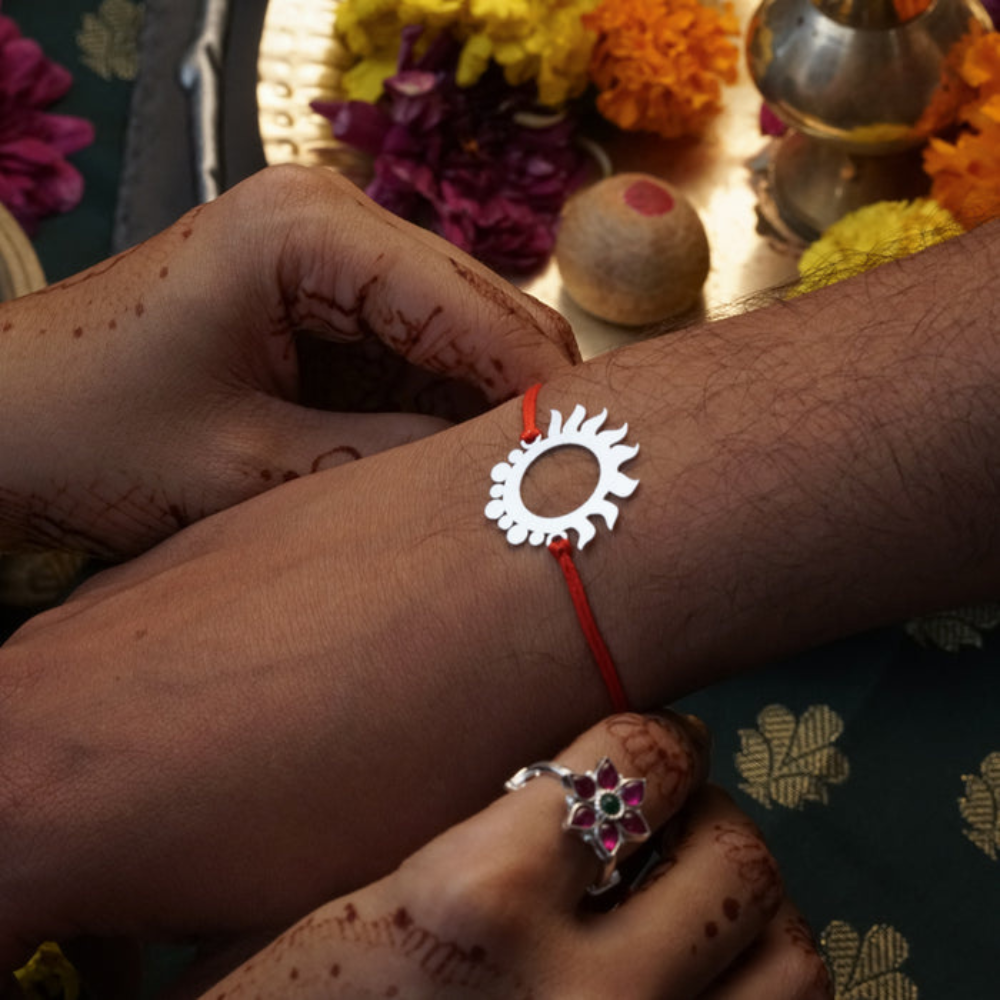 Moskai Surya Chakra Rakhi with Red Thread | Designer Sun Symbol Rakhi for Brother