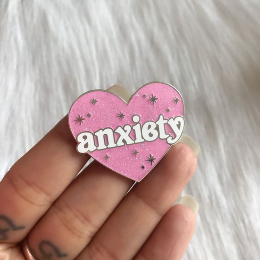 Pink Heart “Anxiety” Enamel Pin – Aesthetic Glitter Badge for Bags, Jackets & More | Moskai