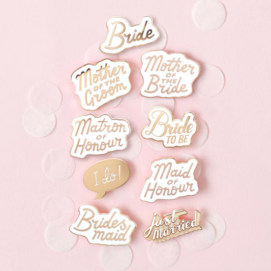 Bridal Party Enamel Pin Set – Aesthetic White & Gold Wedding Badges for Bride Tribe, Bridesmaids