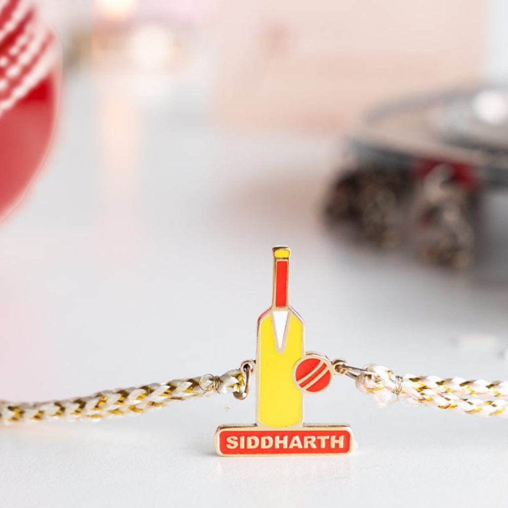 Personalized Cricket Theme Name Rakhi with 18K Gold Plating for Bro
