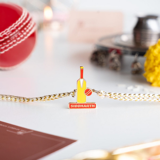 Personalized Cricket Theme Name Rakhi with 18K Gold Plating for Bro