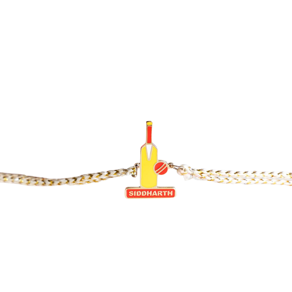 Personalized Cricket Theme Name Rakhi with 18K Gold Plating for Bro