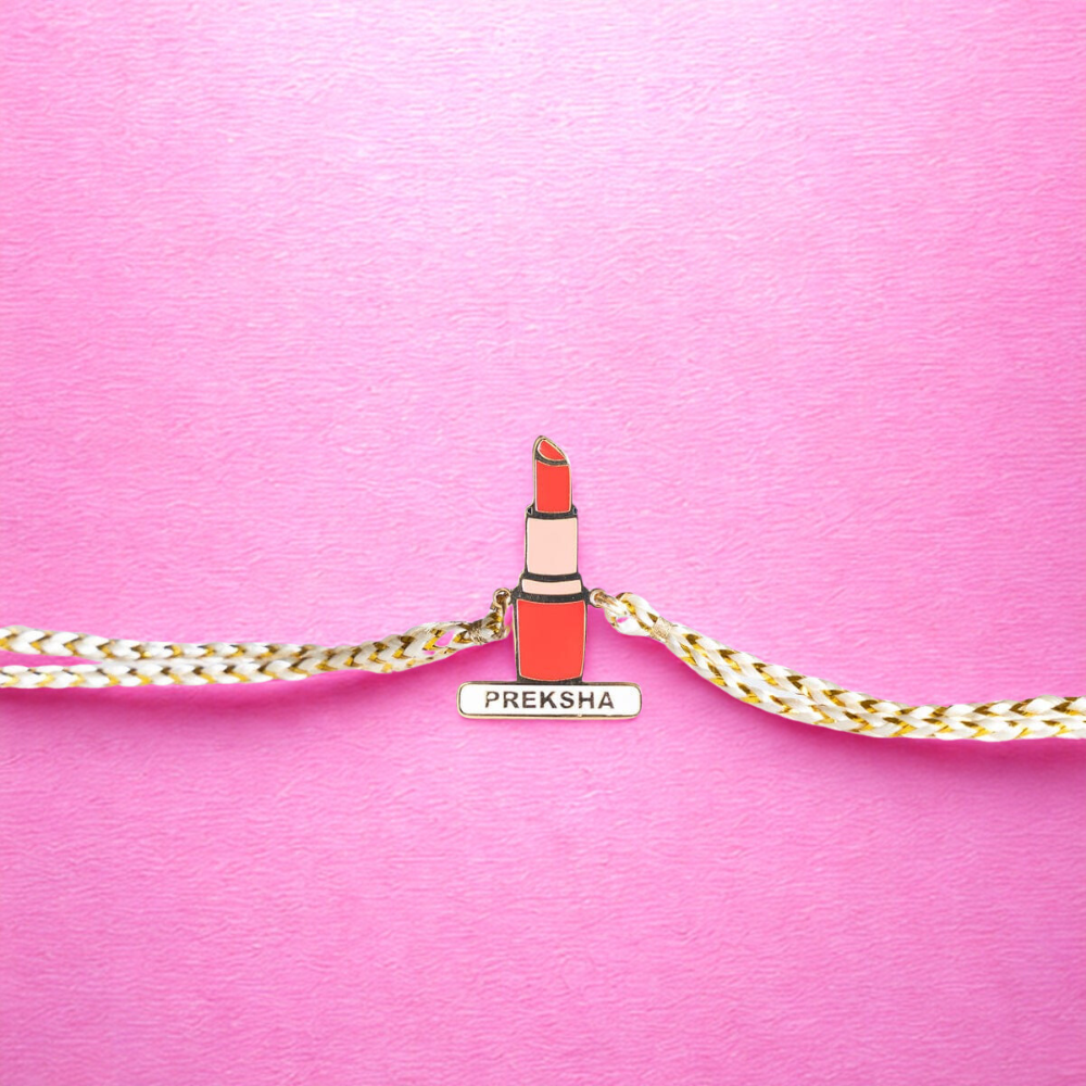 Personalized Lipstick Theme Name Rakhi for Bhabhi with 18K Gold Plating